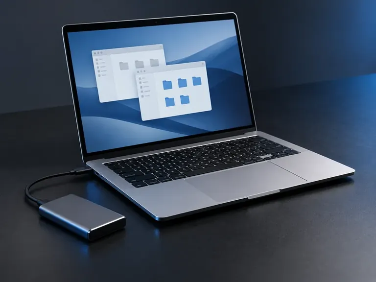 Ноутбук с окнами файлов на экране и внешний SSD